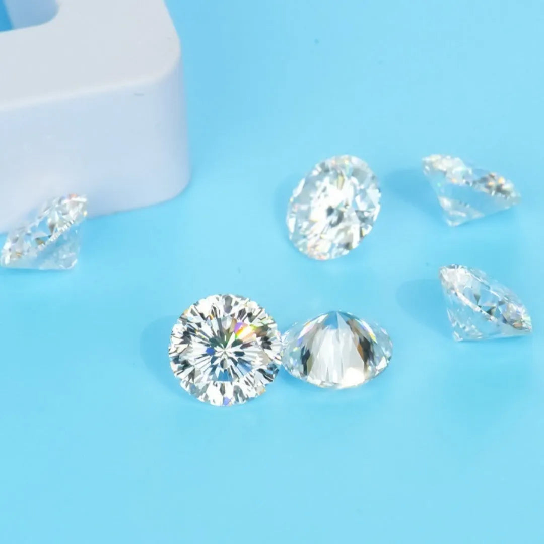 Round moissanite gemstone with eight hearts and eight arrows cut pattern showing brilliant reflection