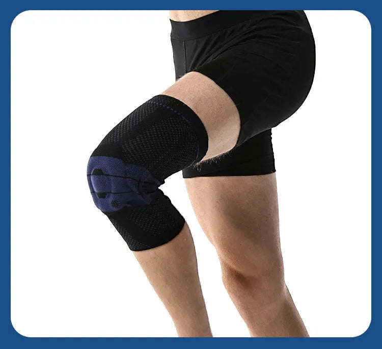 Adult black and blue nylon spandex knee pad for sports protection.