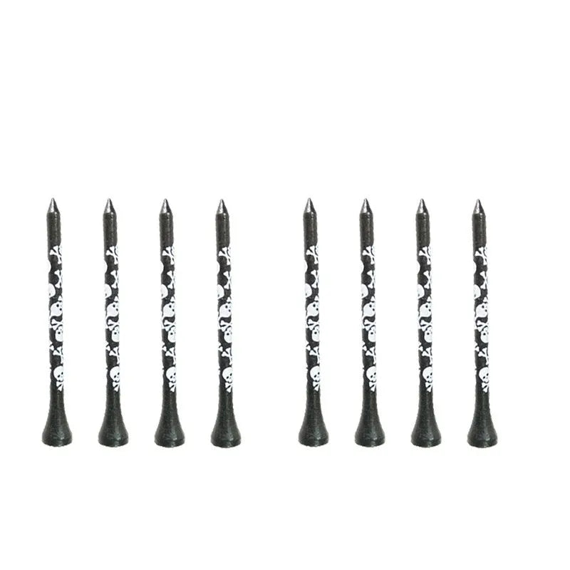 Black bamboo golf tees with skull print design showing 70mm and 83mm lengths