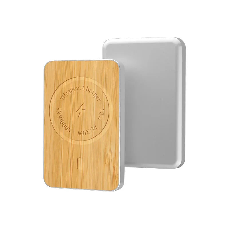 Khaki coloured alloy wireless power bank with magnetic suction, showing dimensions and USB port.