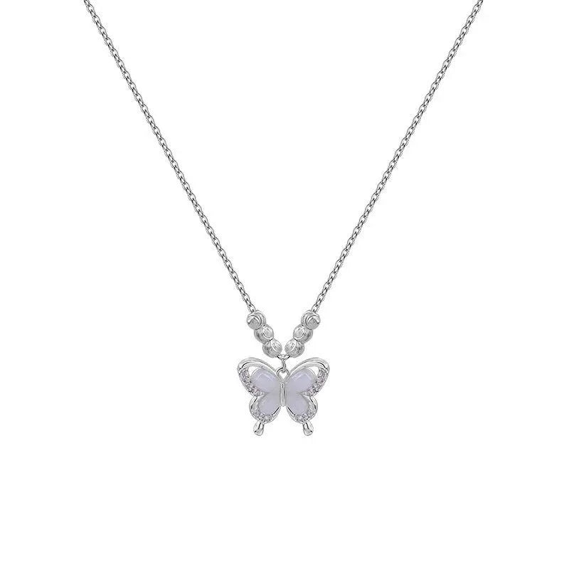 Women's silver butterfly necklace on a cross chain, showing adjustable length and 925 silver pendant.
