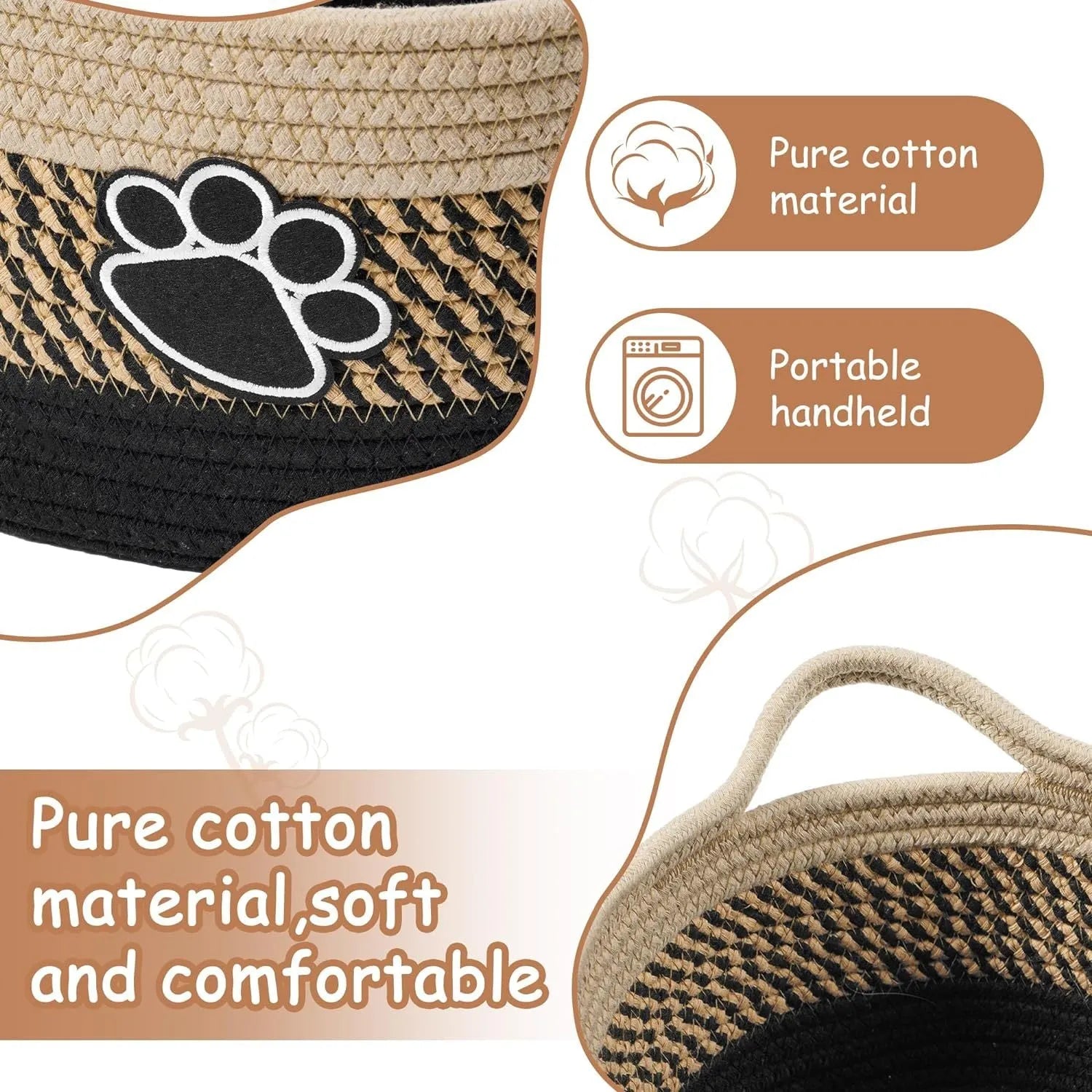 Light beige handmade cotton rope woven storage basket with a wooden handle on a table.