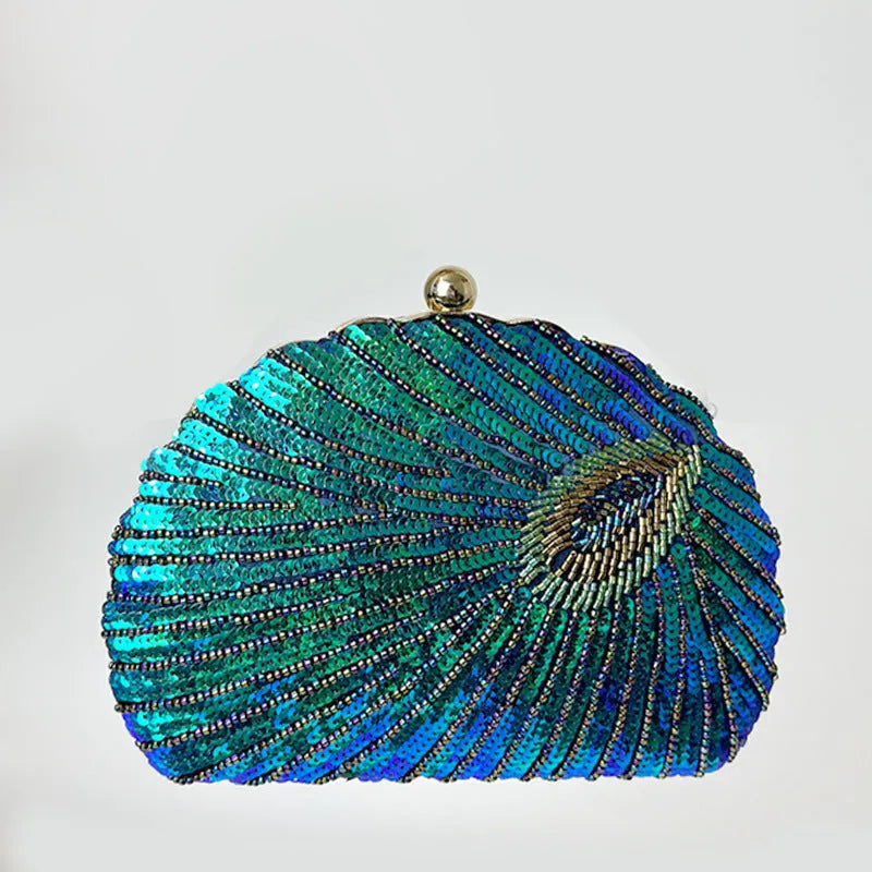 Women's vintage beaded one-shoulder crossbody chain handbag in blue with silk surface and hard structure