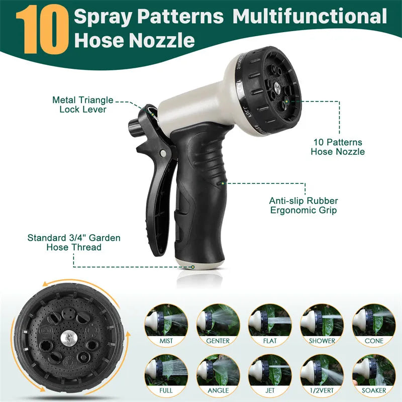 100ft stainless steel flexible garden hose with 10-pattern spray nozzle on grass