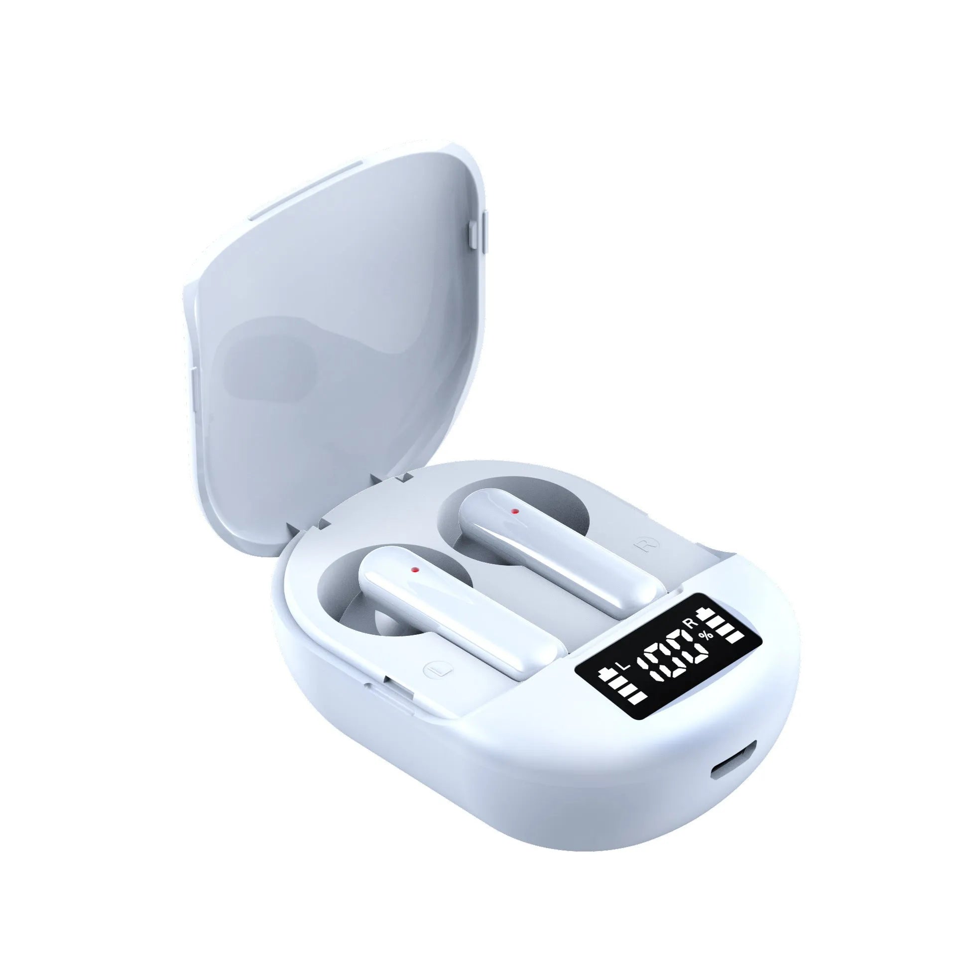 Black and white wireless Bluetooth in-ear headset with charging bin showing digital display screen