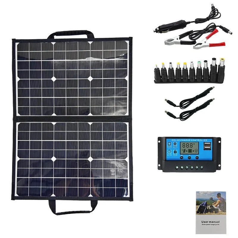 Black 40W monocrystalline solar panel folded in carrying bag showing compact 425mm size
