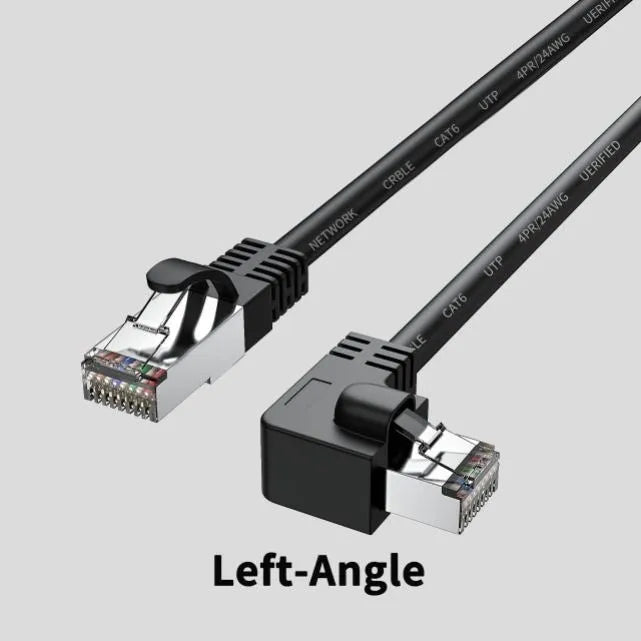 Right-angle Cat6 Ethernet cable with metal RJ45 connectors in various colours and lengths