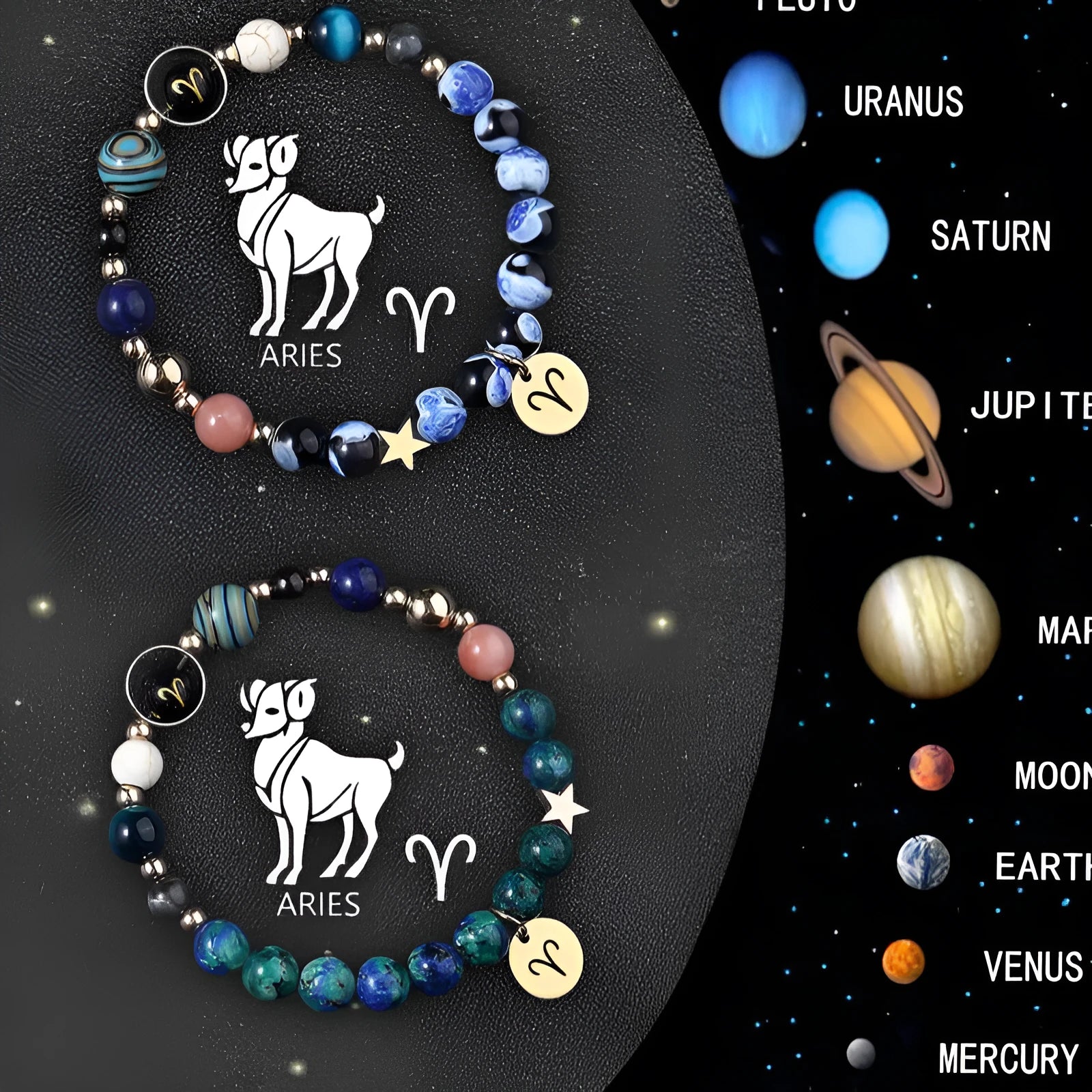 Twelve zodiac sign bracelets with natural stone beads on elastic string showing different astrological designs
