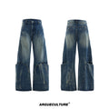 Men's verdant blue loose fit jeans with retro washed finish and curved knife design detail