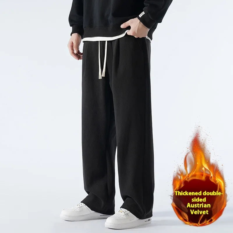 Men's fleece-lined winter sports trousers in Korean loose style with drawstring waist