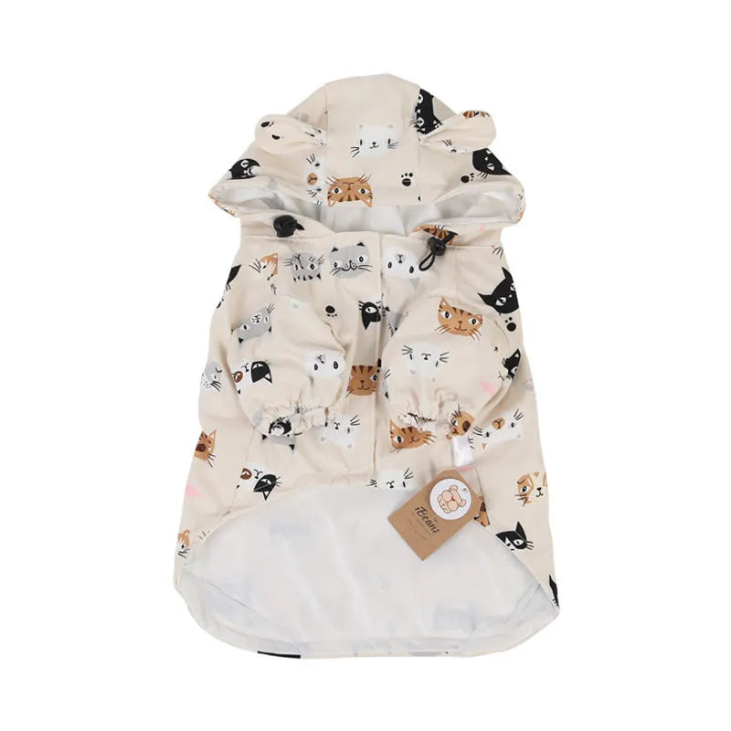 Beige cartoon dog raincoat with waterproof coating in small animal or cat head design