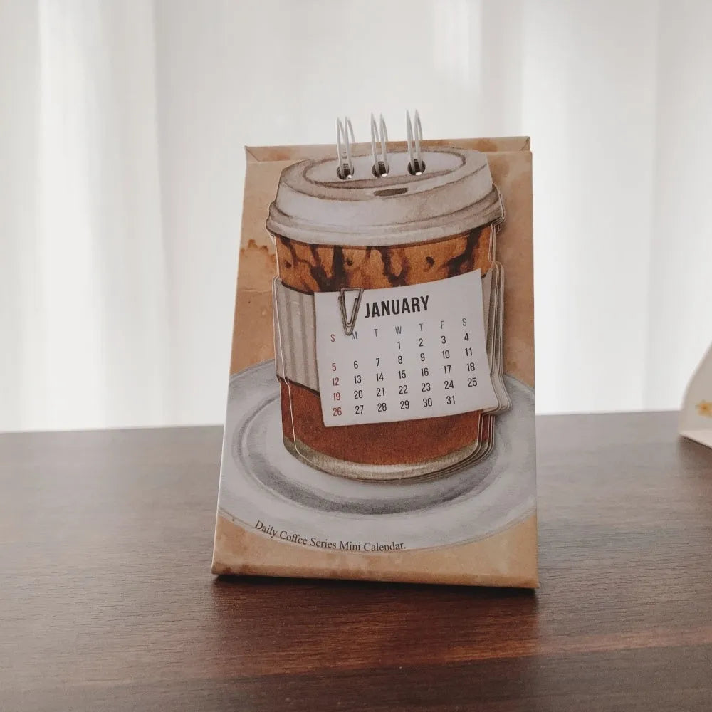 Mini 2025 desk calendar showing Coffee Time design with simple modern style