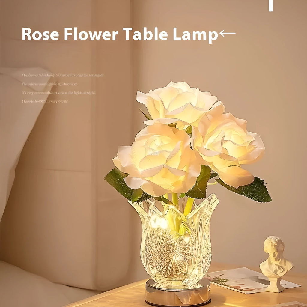 Modern crystal flowers rechargeable bedside lamp with touch dimmer controls on wooden table