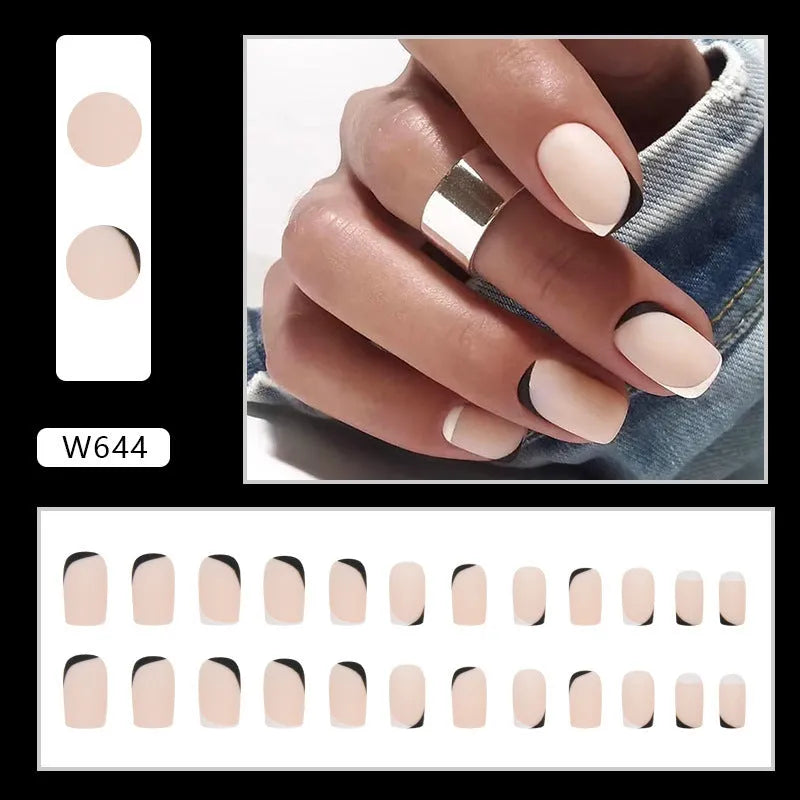 Black and white frosted artificial nails with mandarin duck colour design