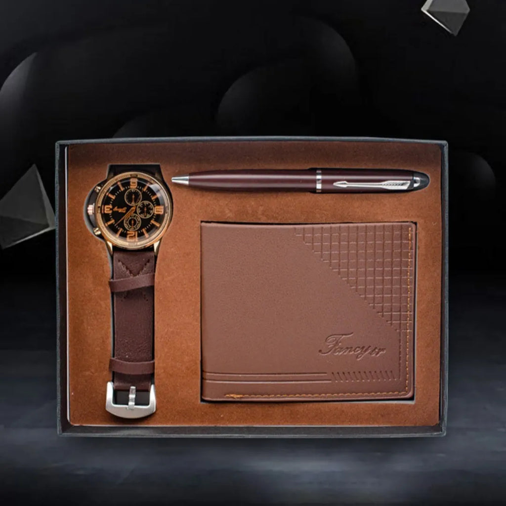 Creative holiday gift set showing wallet, pen and watch in modern simple gift box