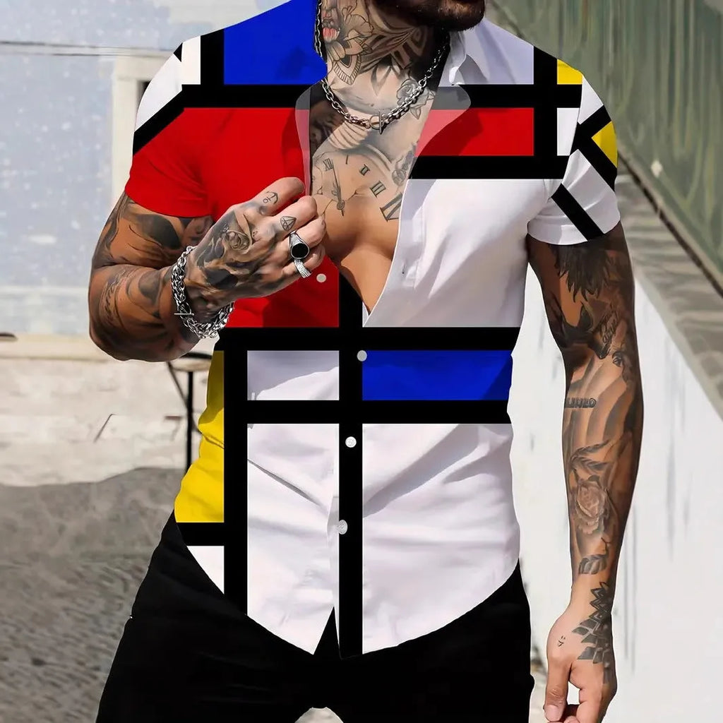 Men's slim fit geometric line print short sleeve shirt with a lapel collar.