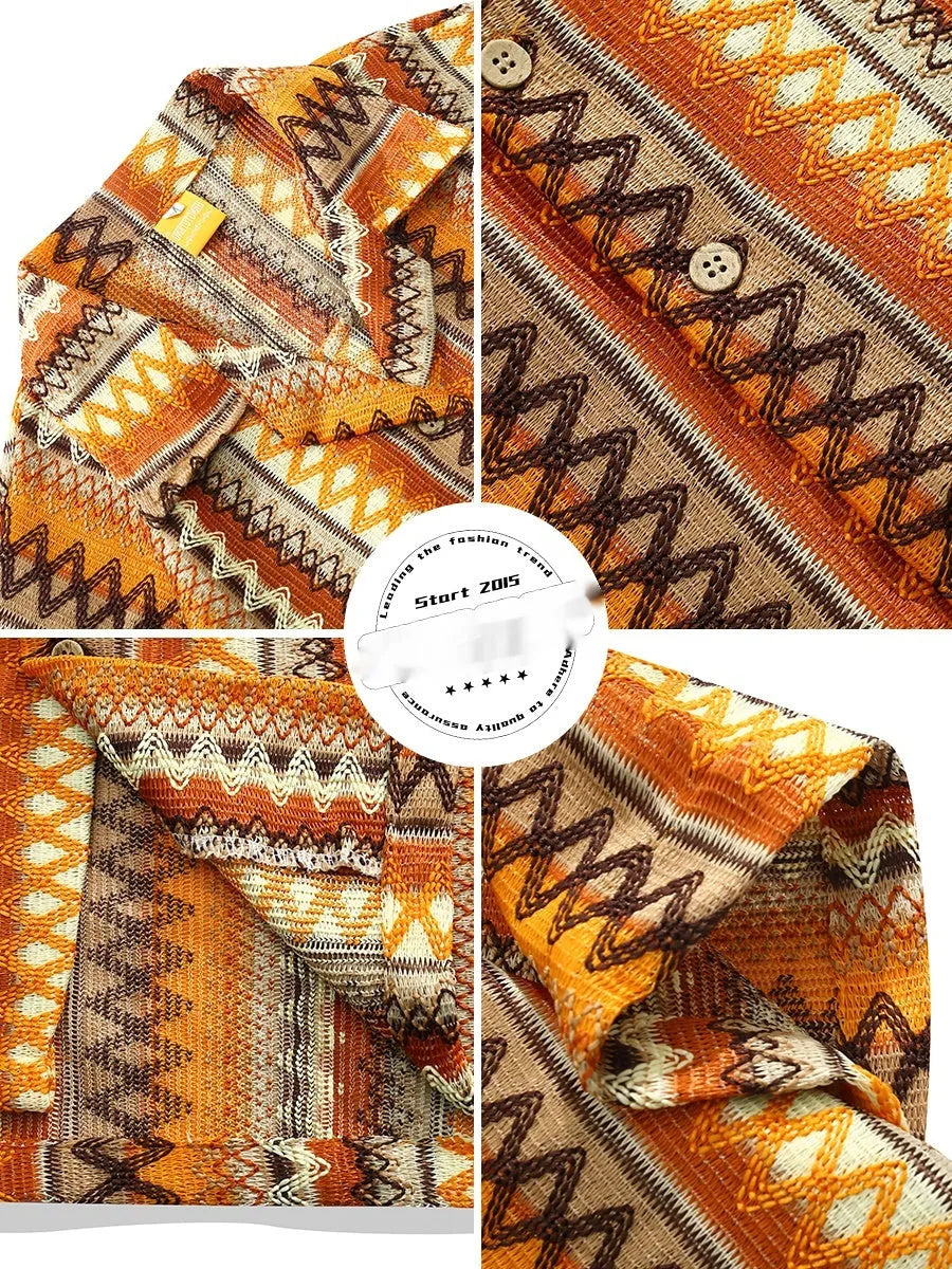 Ethnic woven Cuban collar shirt with drop-shoulder sleeves and loose fit design