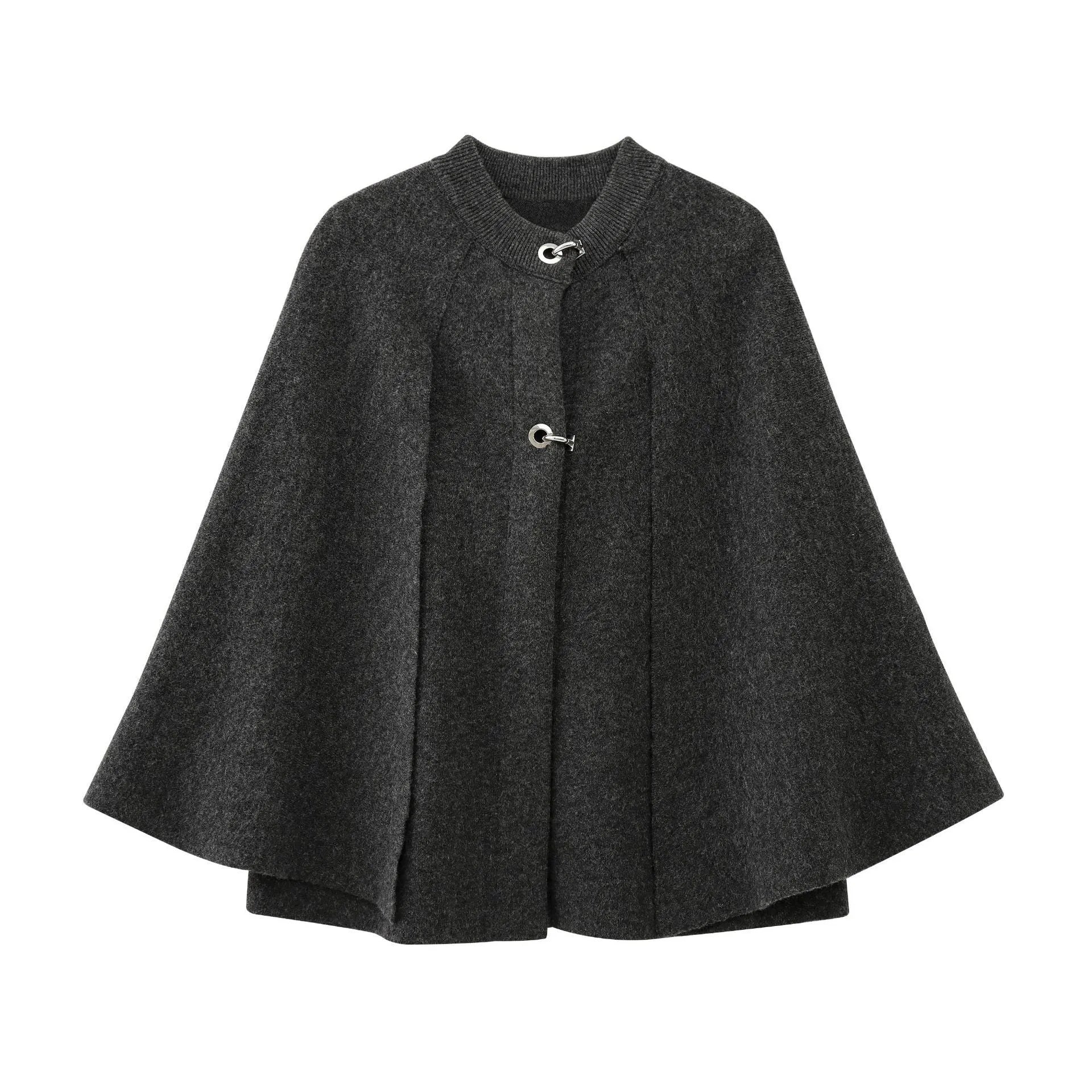 Cape round neck long sleeve knitted sweater coat in solid dark gray with regular sleeves for street fashion style