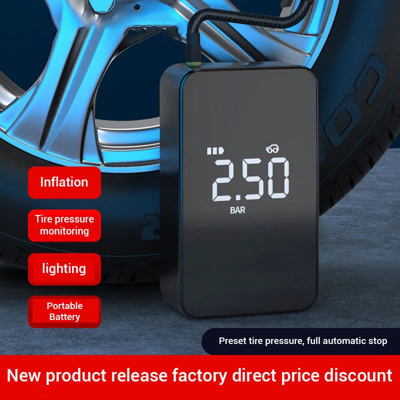Wireless digital tyre inflator pump with LCD screen, compact ABS housing, and multiple air nozzles