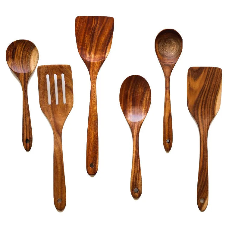 Seven wooden cooking utensils including spoon and shovel for non-stick pans