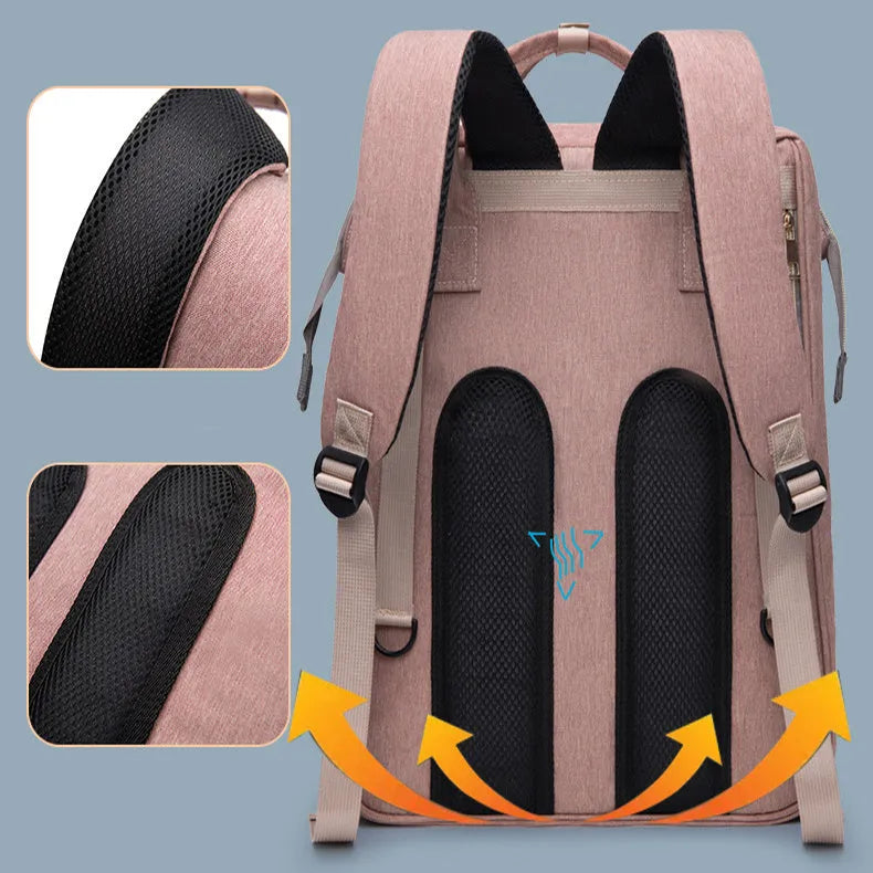 Large capacity insulated baby crib backpack in pink grey with double shoulder straps and outer pocket on white background