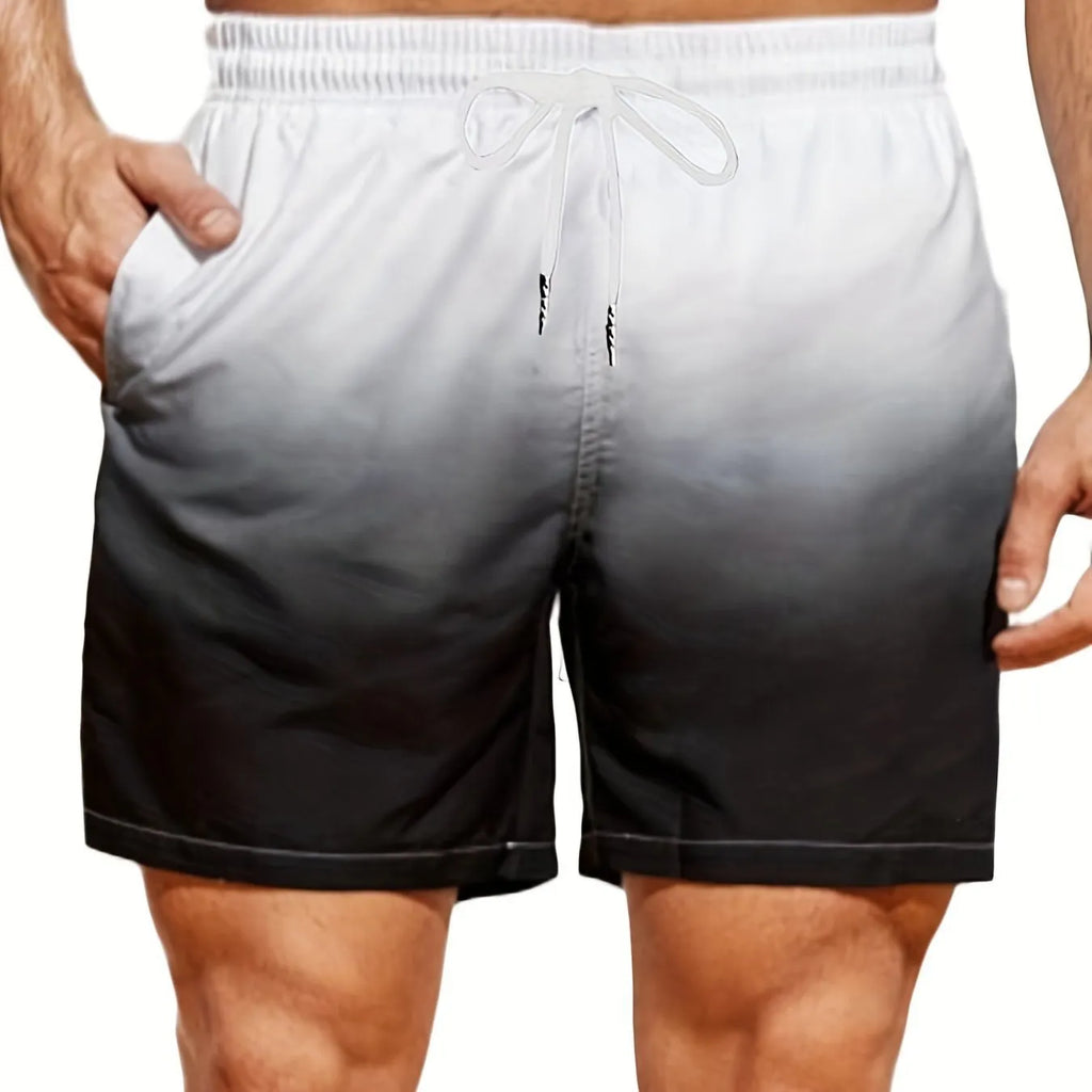 Men's gradient colour 3D printed mesh sports shorts in shorts length on a size chart
