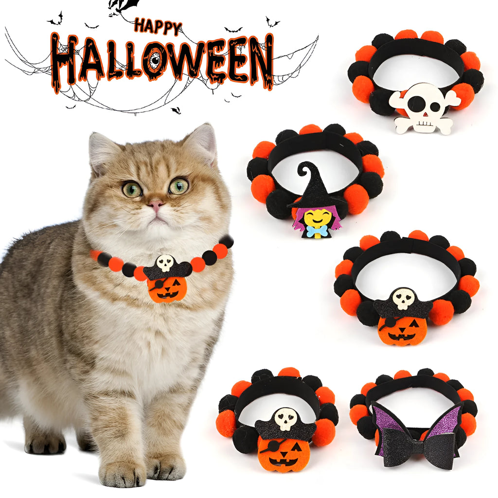 Halloween pet collar with a furry ball accessory in a pumpkin design on a dog's neck.