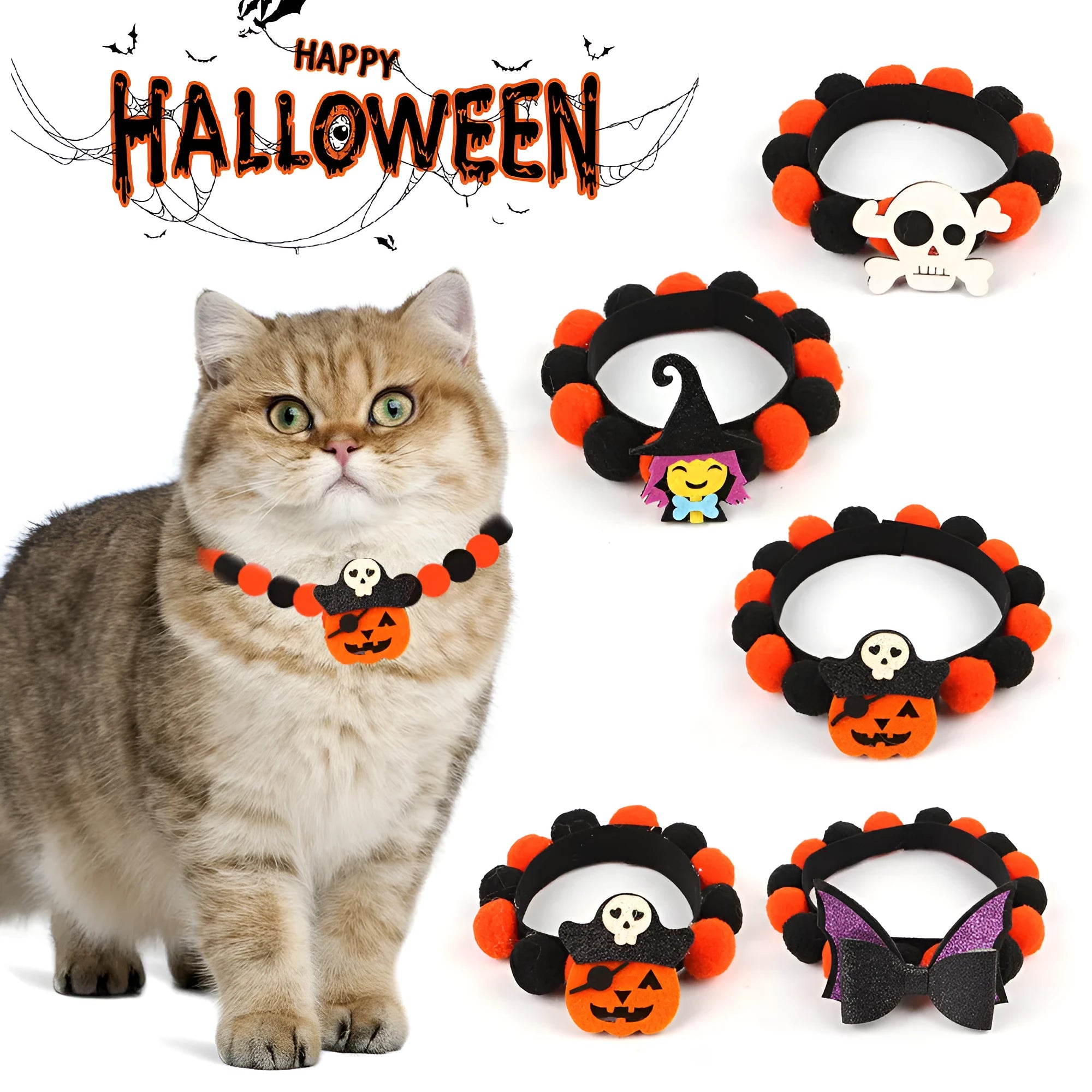 Halloween pet collar with a furry ball accessory in a pumpkin design on a dog's neck.