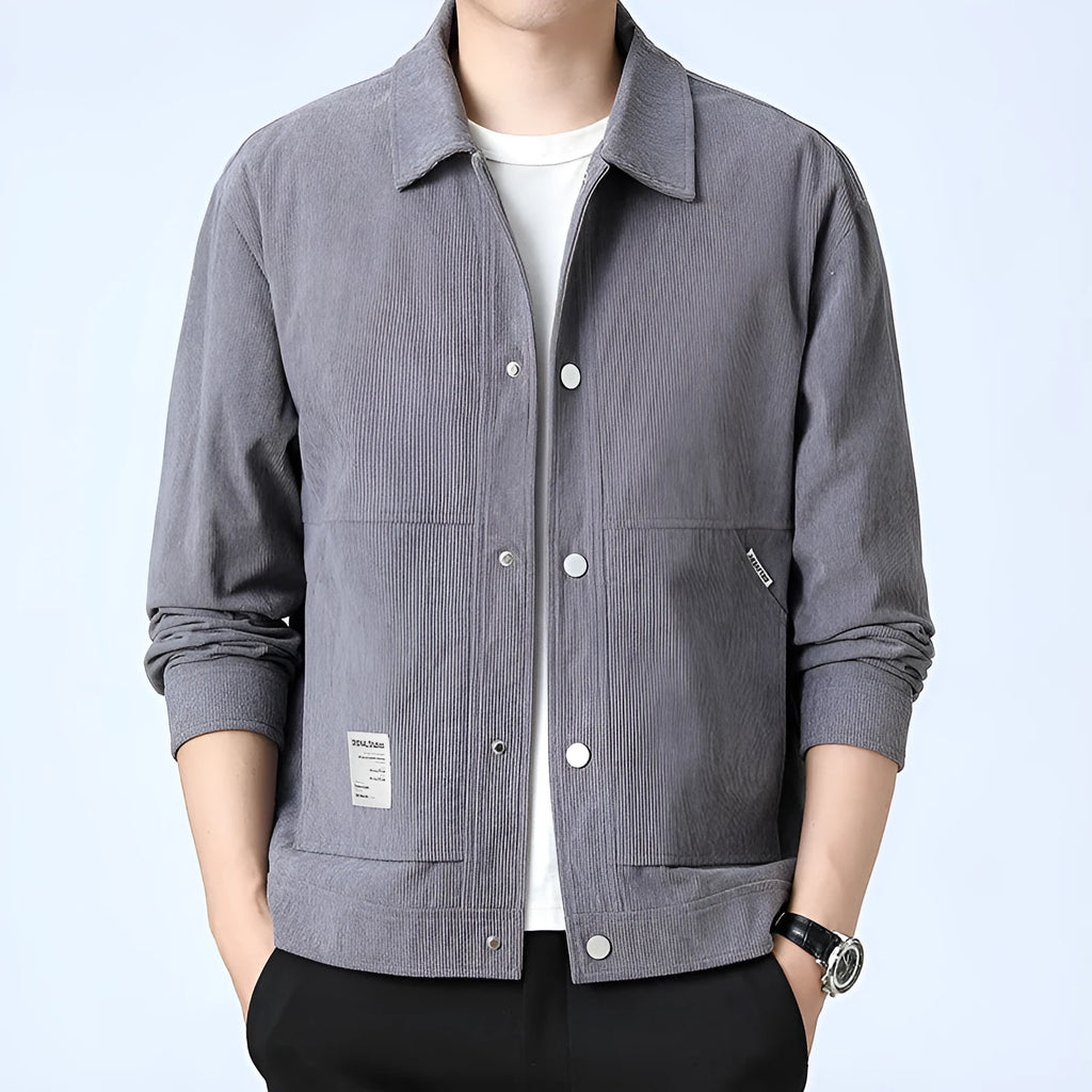Slim fit men's corduroy jacket in solid colour with top stitching pockets, polyester blend fabric