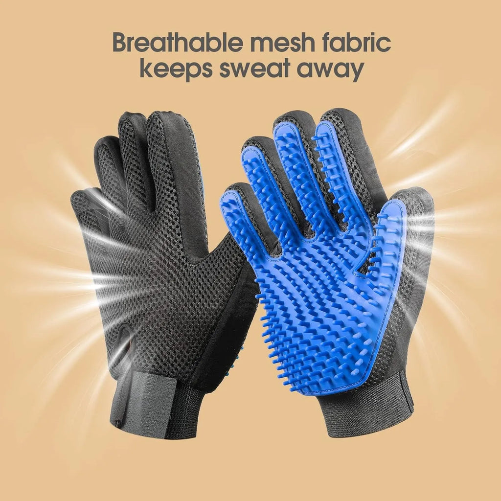 Blue pet grooming glove with silicone tips for brushing dogs and cats