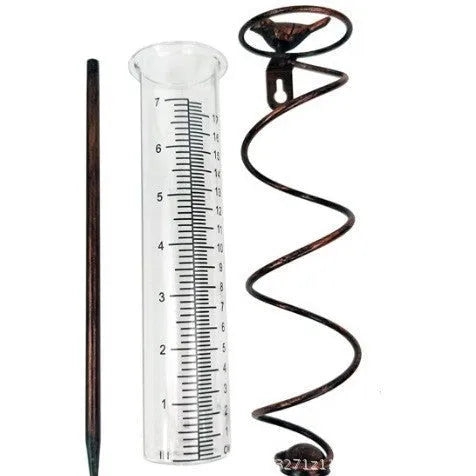 Cast iron bird-shaped garden rain gauge with glass measurement tube showing 1-20 scale