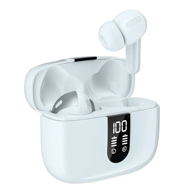 Jerry X08 wireless in-ear headphones with digital display showing pairing status