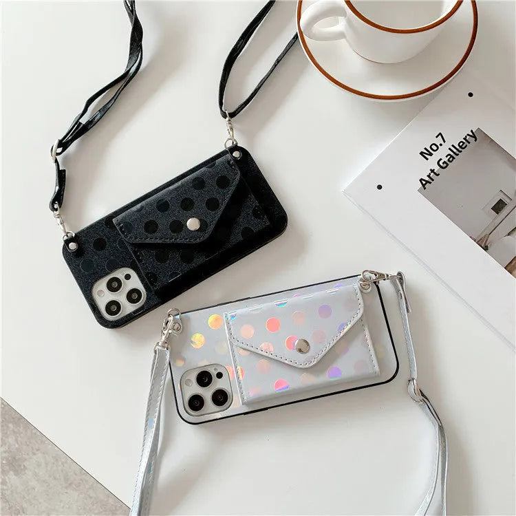 Black silicone iPhone case with diagonal card slot and wave point pattern design on back