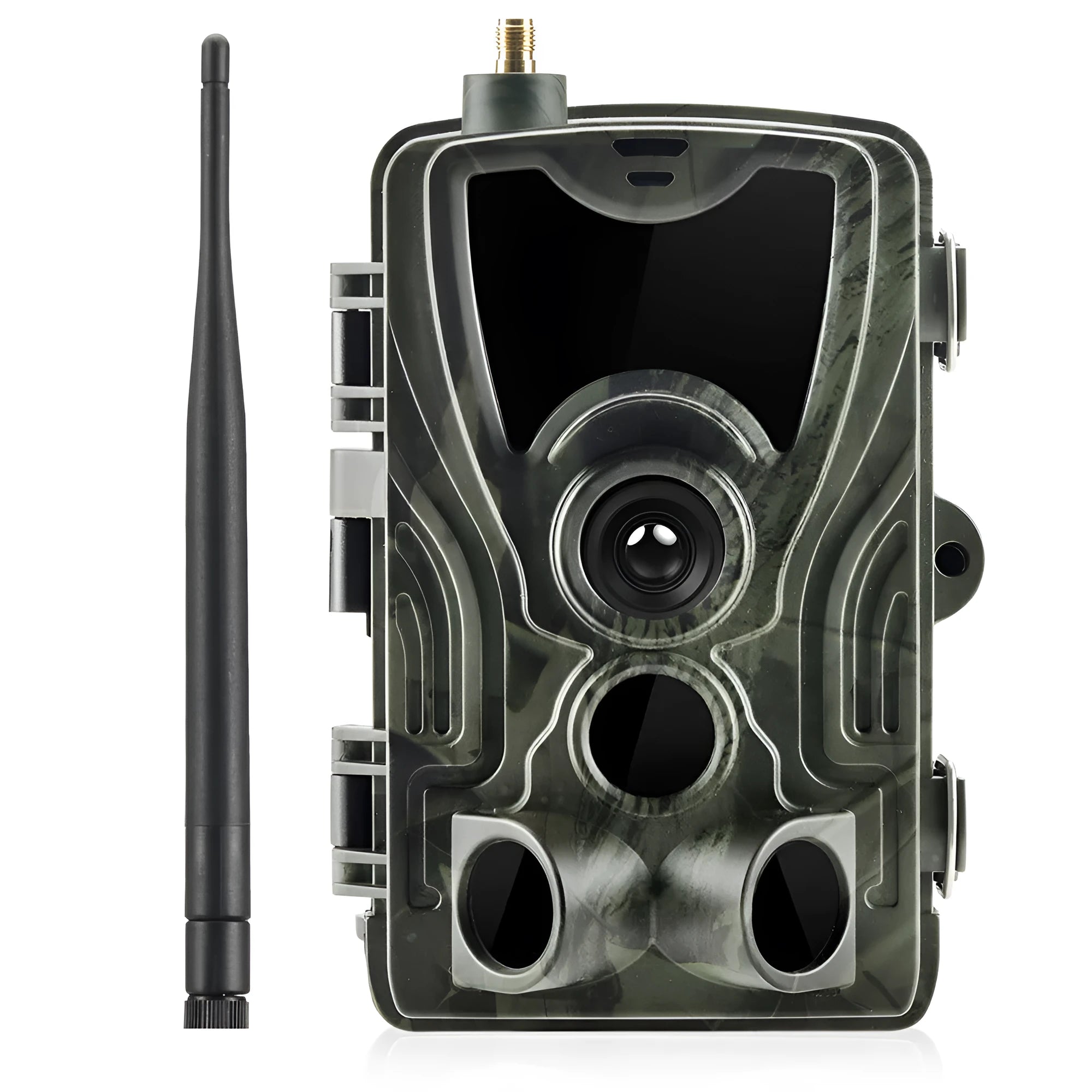 Outdoor camouflage surveillance camera with wide-angle lens on a green background.