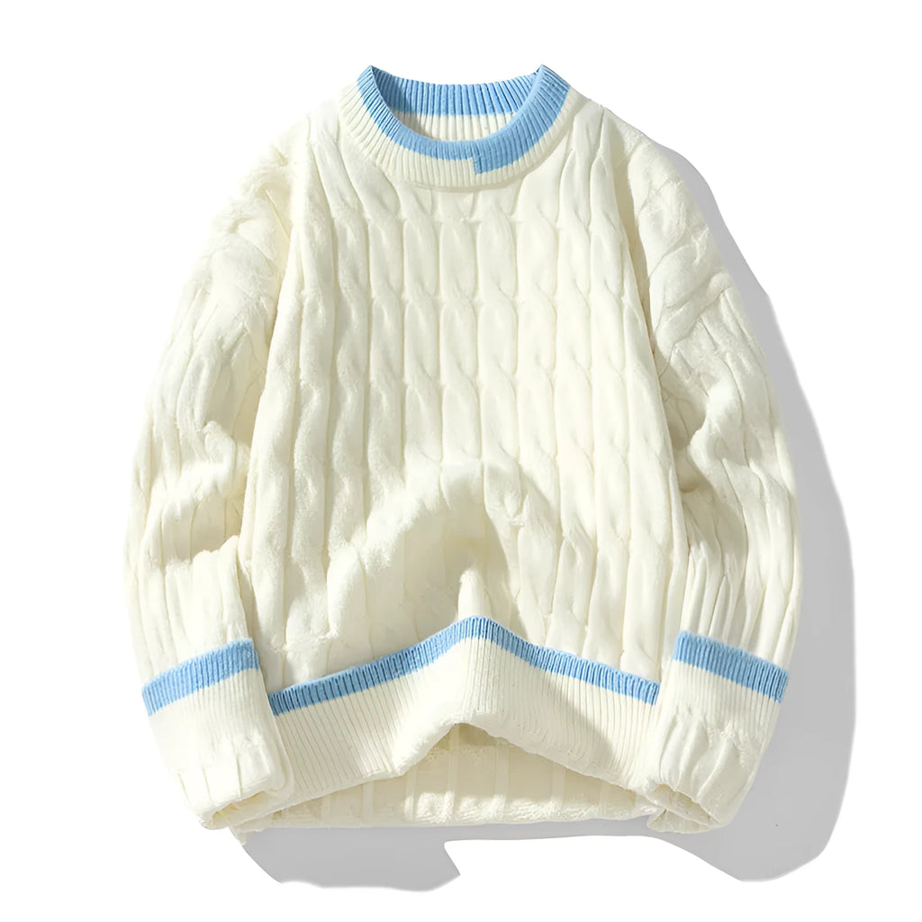 Men's loose grey and blue modal acrylic sports pullover sweater on a hanger.