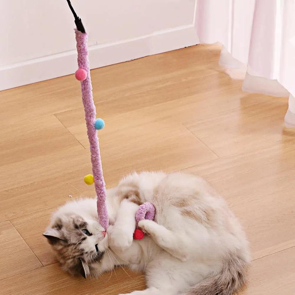 Colourful cat wand toy with plush strip, fluffy ball and bell on 41cm pole