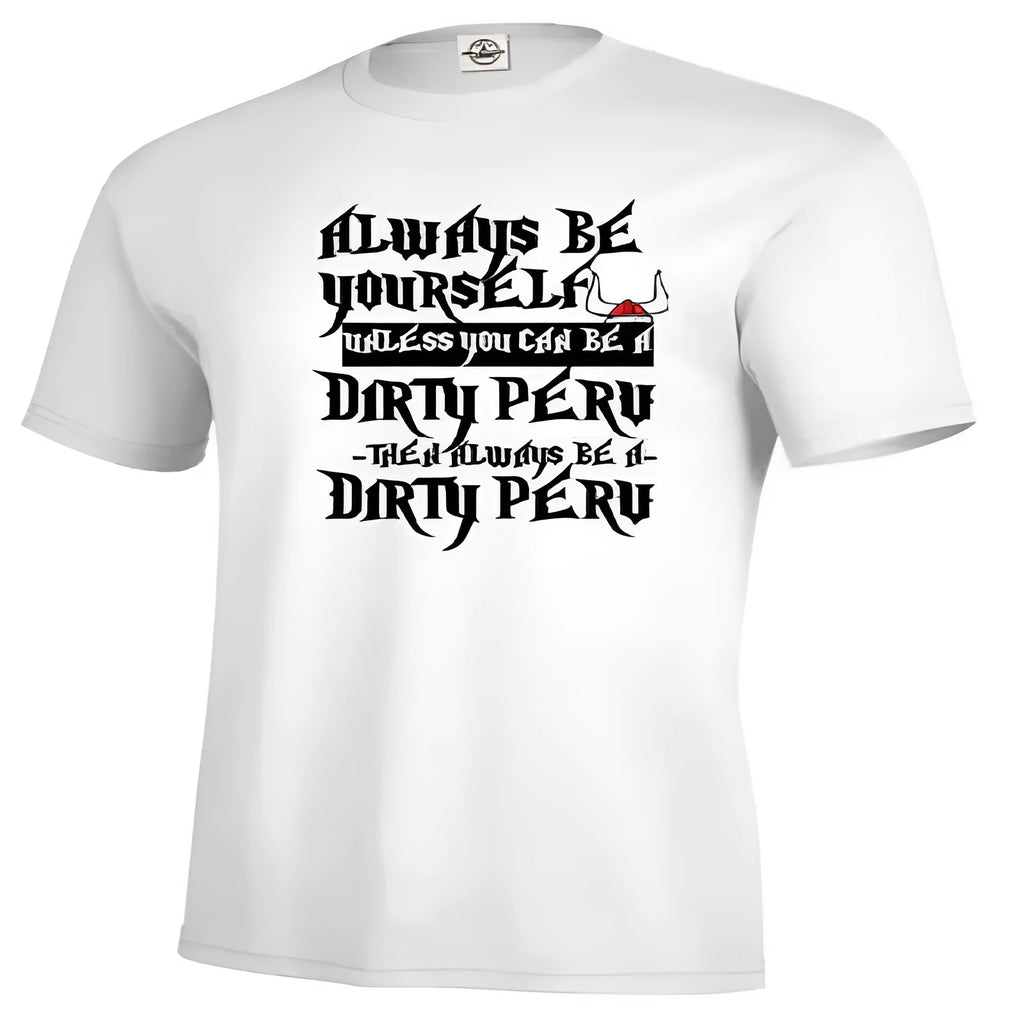 Men's white printed short sleeve polyester t-shirt on a hanger
