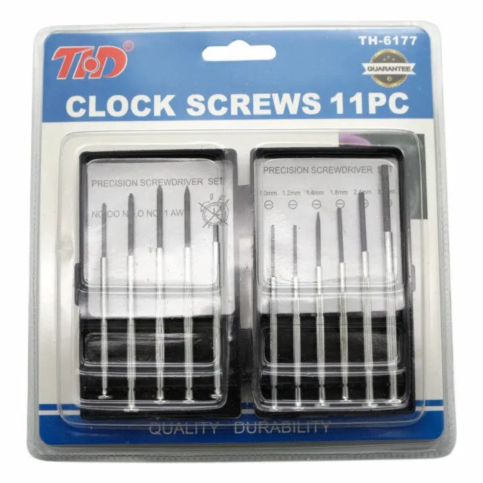 TH-6177 11-piece clock repair and electronics screwdriver set with assorted heads on a white background.