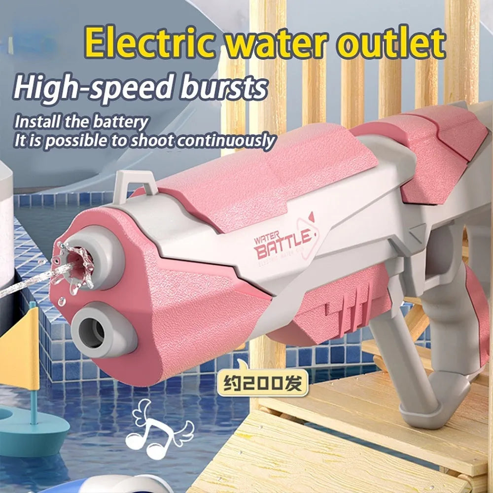 Blue electric water gun with USB charging port and trigger, showing 55cm length scale