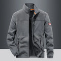 Men's gray spandex fleece casual jacket with zipper pockets on a hanger