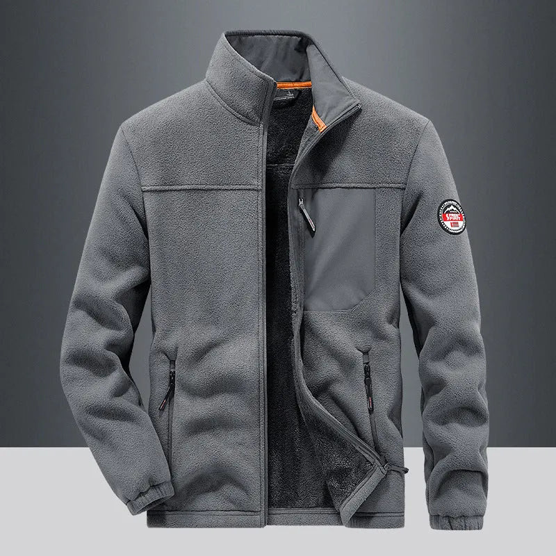 Men's gray spandex fleece casual jacket with zipper pockets on a hanger