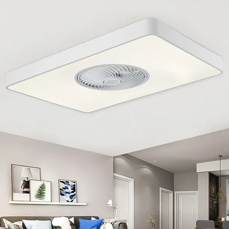 Nordic ceiling fan light with solid wood frame shown in rectangular, round, and square shape options.