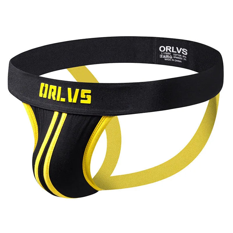 Men's cotton low waist thong in solid colour with double belt back design, front view
