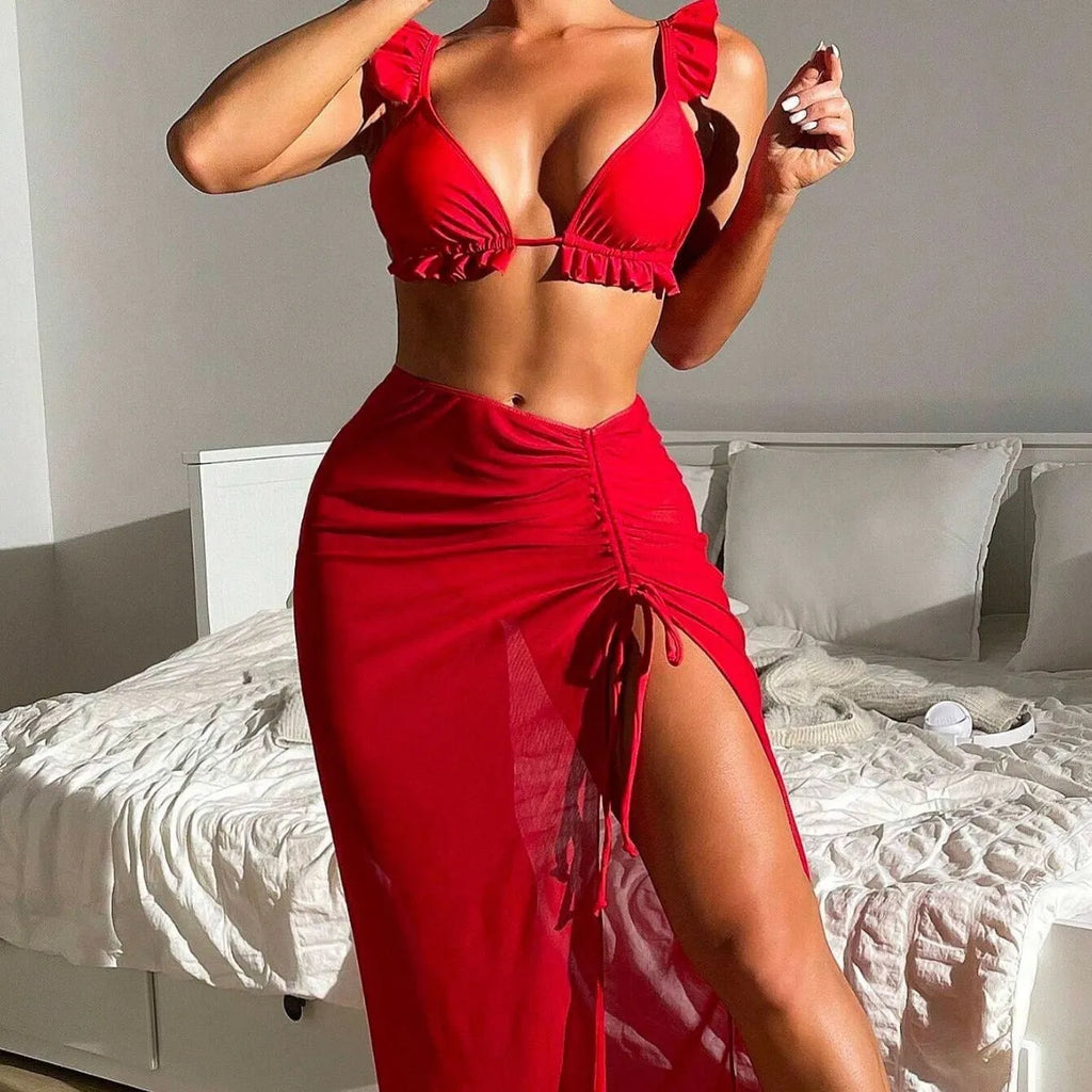 Women's printed three-piece bikini set with a cover-up skirt in various colours