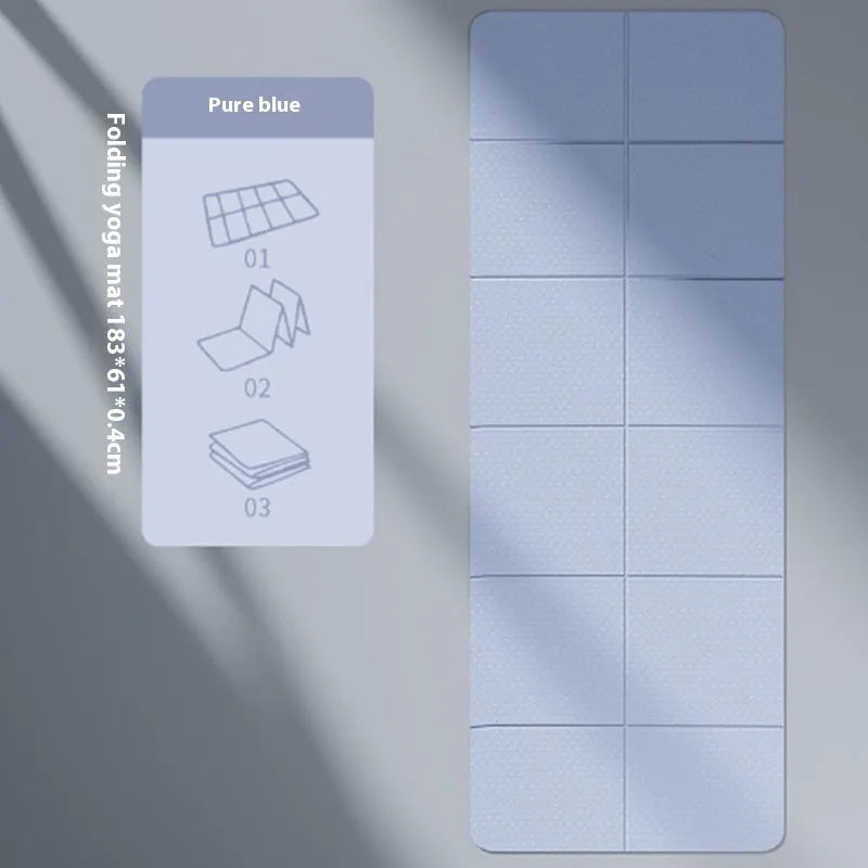 Blue folding TPE gymnastic mat showing its six-fold design and non-slip surface texture.