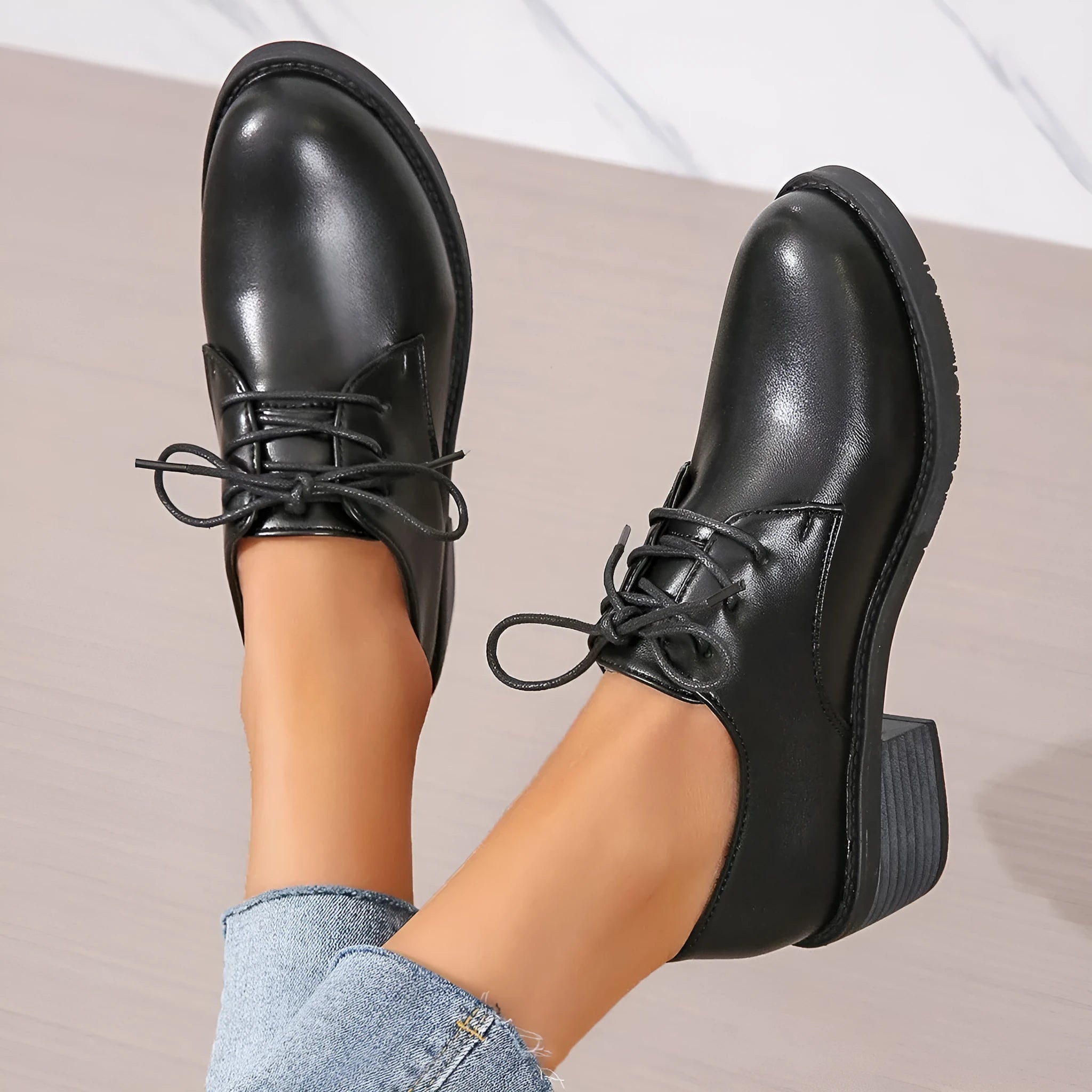 Black women's work shoes with chunky heel and soft rubber sole