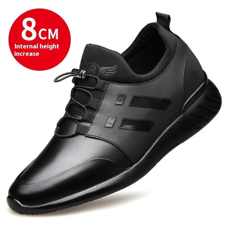 Men's black genuine leather casual shoes with a chunky rubber sole for height increase.