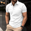 Men's solid colour short sleeve polo shirt with button lapel on a hanger