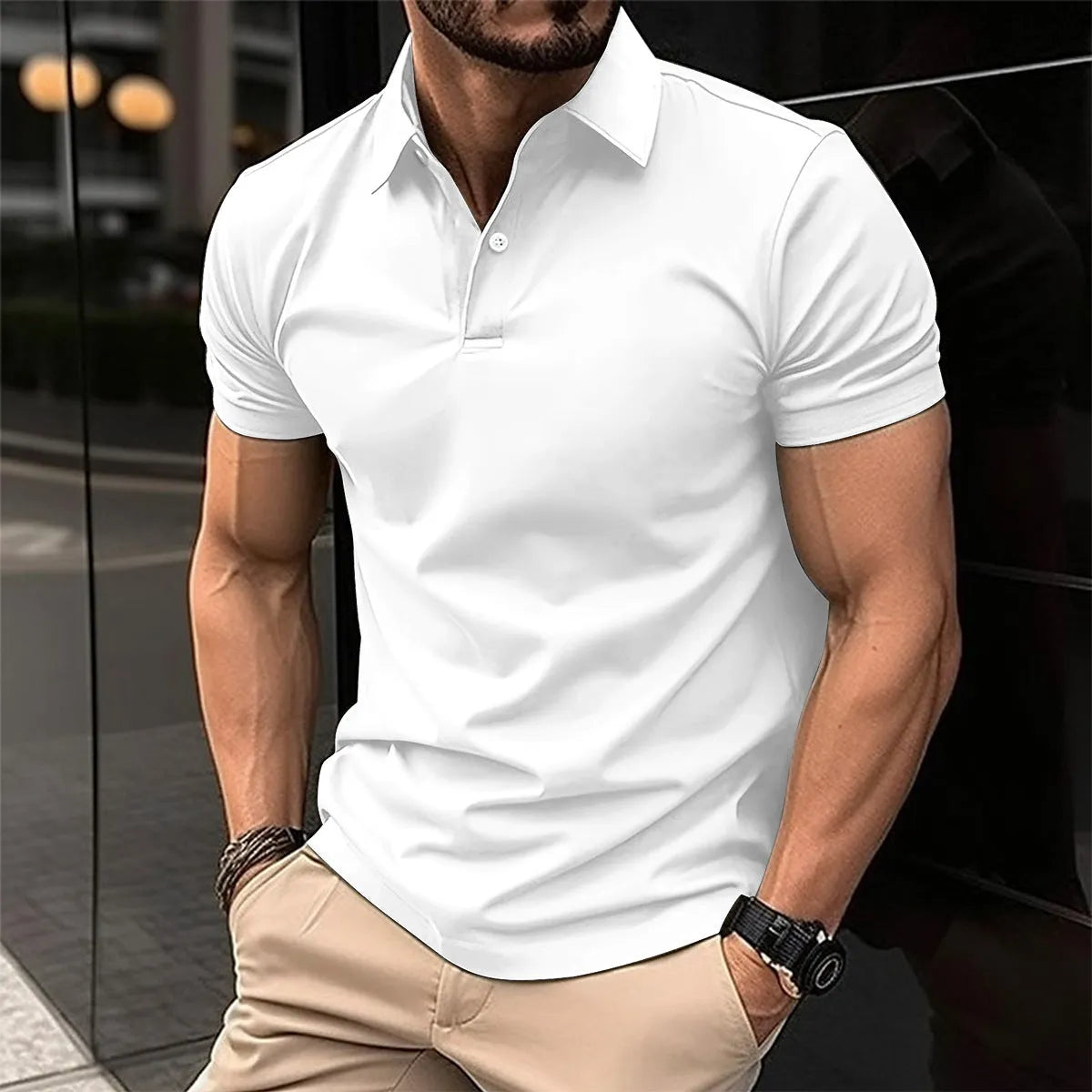 Men's solid colour short sleeve polo shirt with button lapel on a hanger
