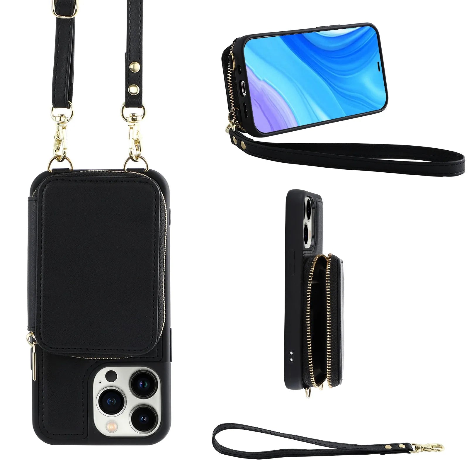 Crossbody wallet phone case for iPhone 14 Pro with black imitation leather, zippered card compartment, and detachable lanyard
